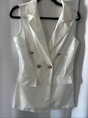 Sleeveless Double-Breasted Blazer Vest in Ivory with Gold Buttons and Shorts Set